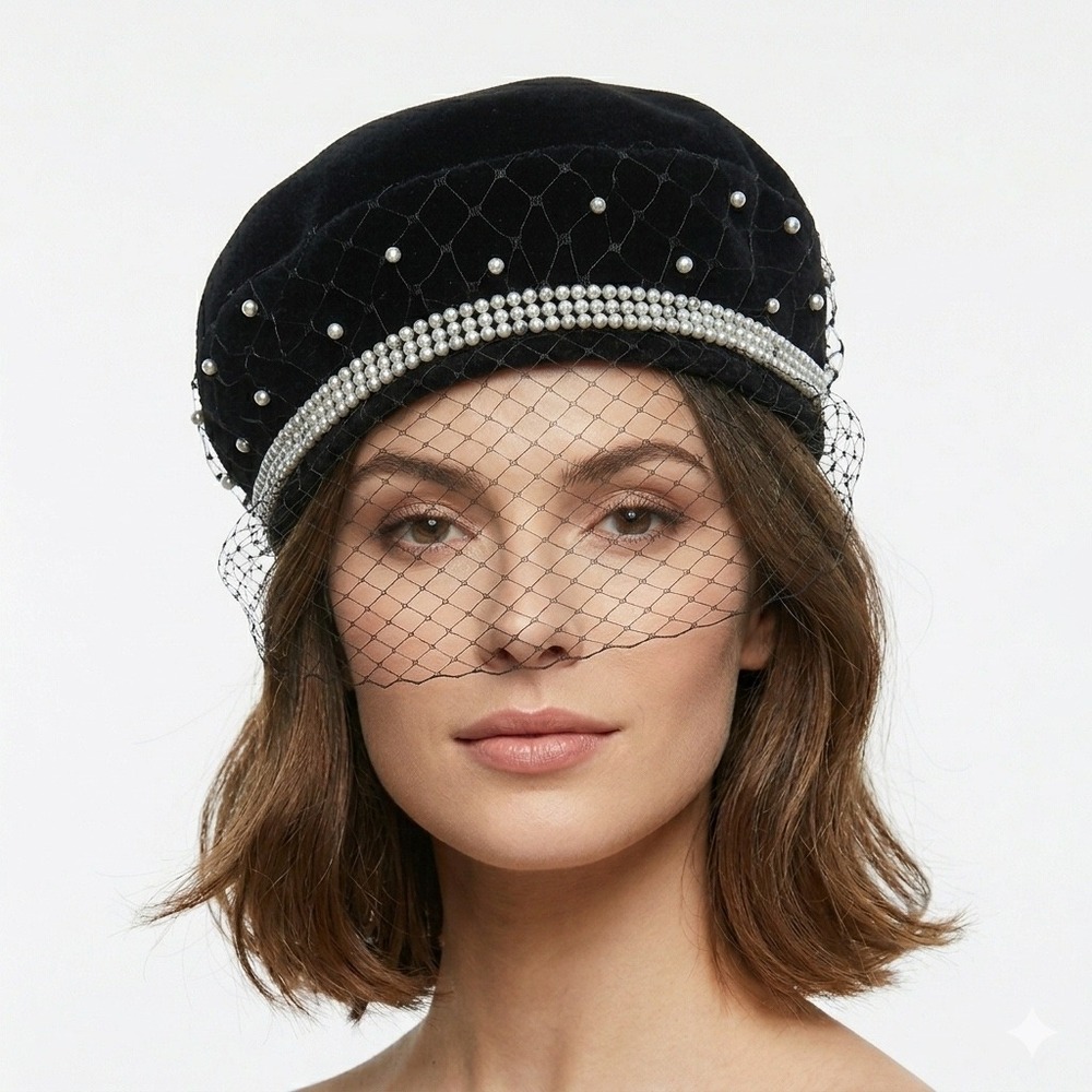 Vintage 1966 Jeffrey Black Velvet Pillbox Hat Faux Pearl Birdcage Veil 22 1960s